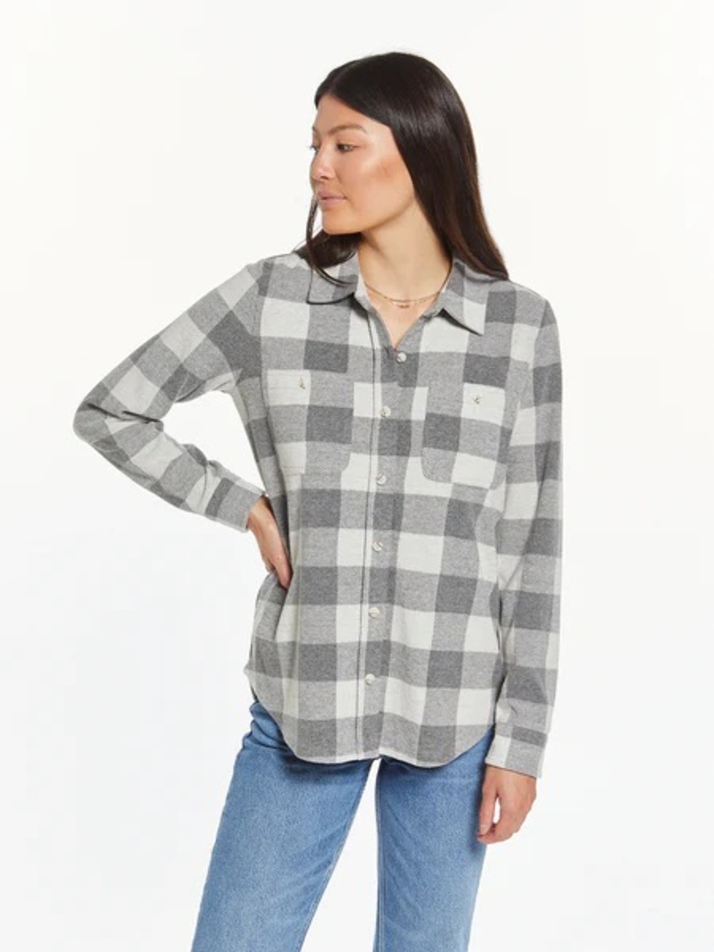 GAP Plaid Button-Down Shirt | XS Petite | Gray & White
